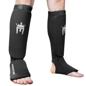 Meister MMA Elastic Cloth Shin & Instep Padded Guards (Pair) – Black – Small/Medium