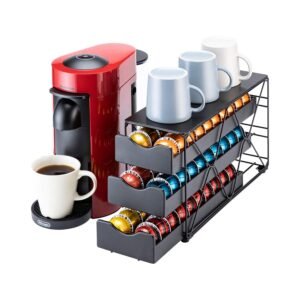 Flagship Nespresso Vertuo Pod Drawer Large Multi Tier Coffee Pod Holder (3 Tier, 60Pods Capacity, Silver Metal Frame)