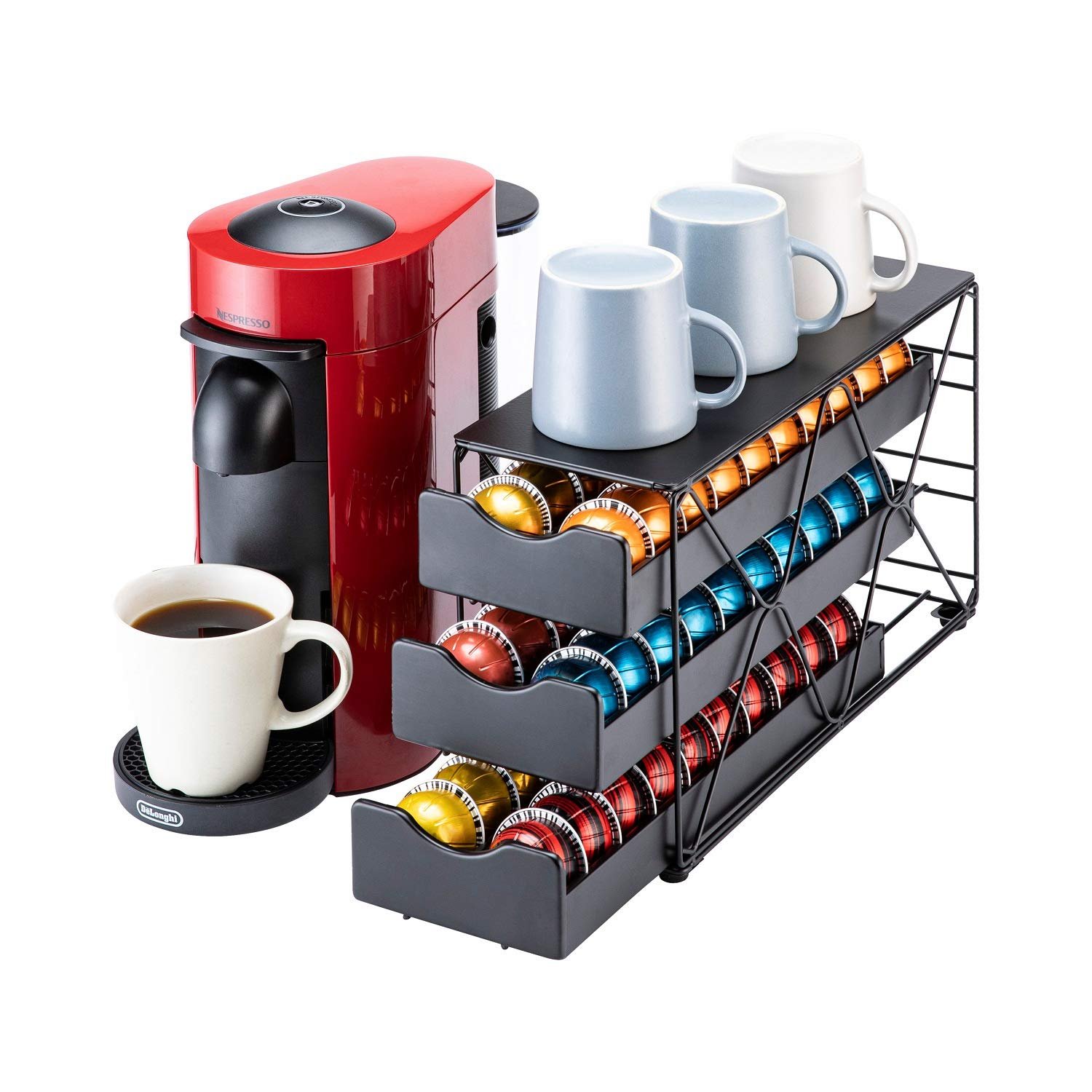 Flagship Nespresso Vertuo Pod Drawer Large Multi Tier Coffee Pod Holder (3 Tier, 60Pods Capacity, Silver Metal Frame)