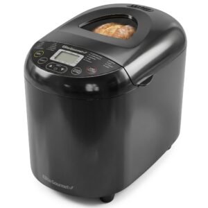 Elite Gourmet Maxi-Matic EBM8103B Programmable Bread Maker Machine, 3 Loaf Sizes, 19 Menu Functions Gluten Free White Wheat Rye French and more, 2 Lb, Black