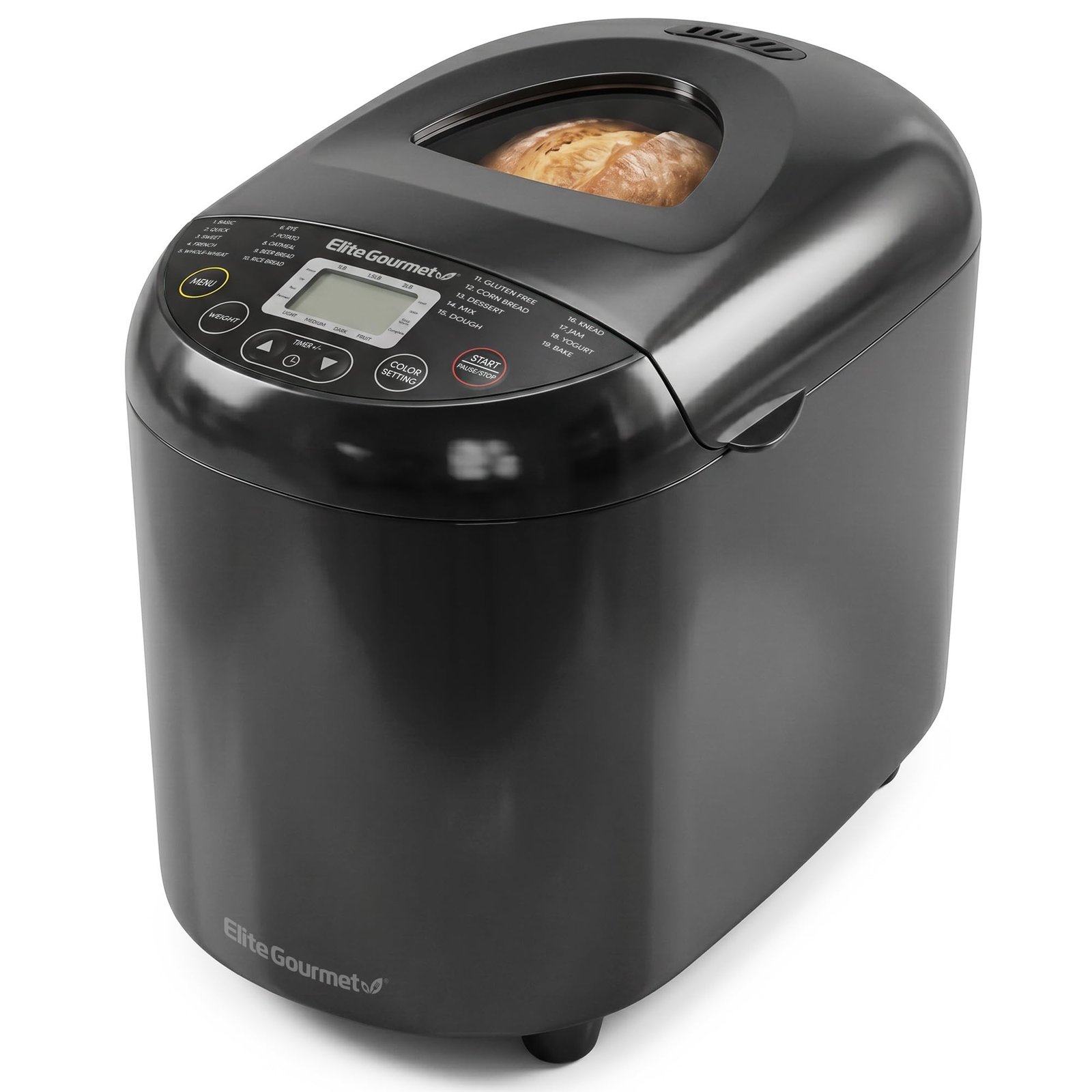 Elite Gourmet Maxi-Matic EBM8103B Programmable Bread Maker Machine, 3 Loaf Sizes, 19 Menu Functions Gluten Free White Wheat Rye French and more, 2 Lb, Black