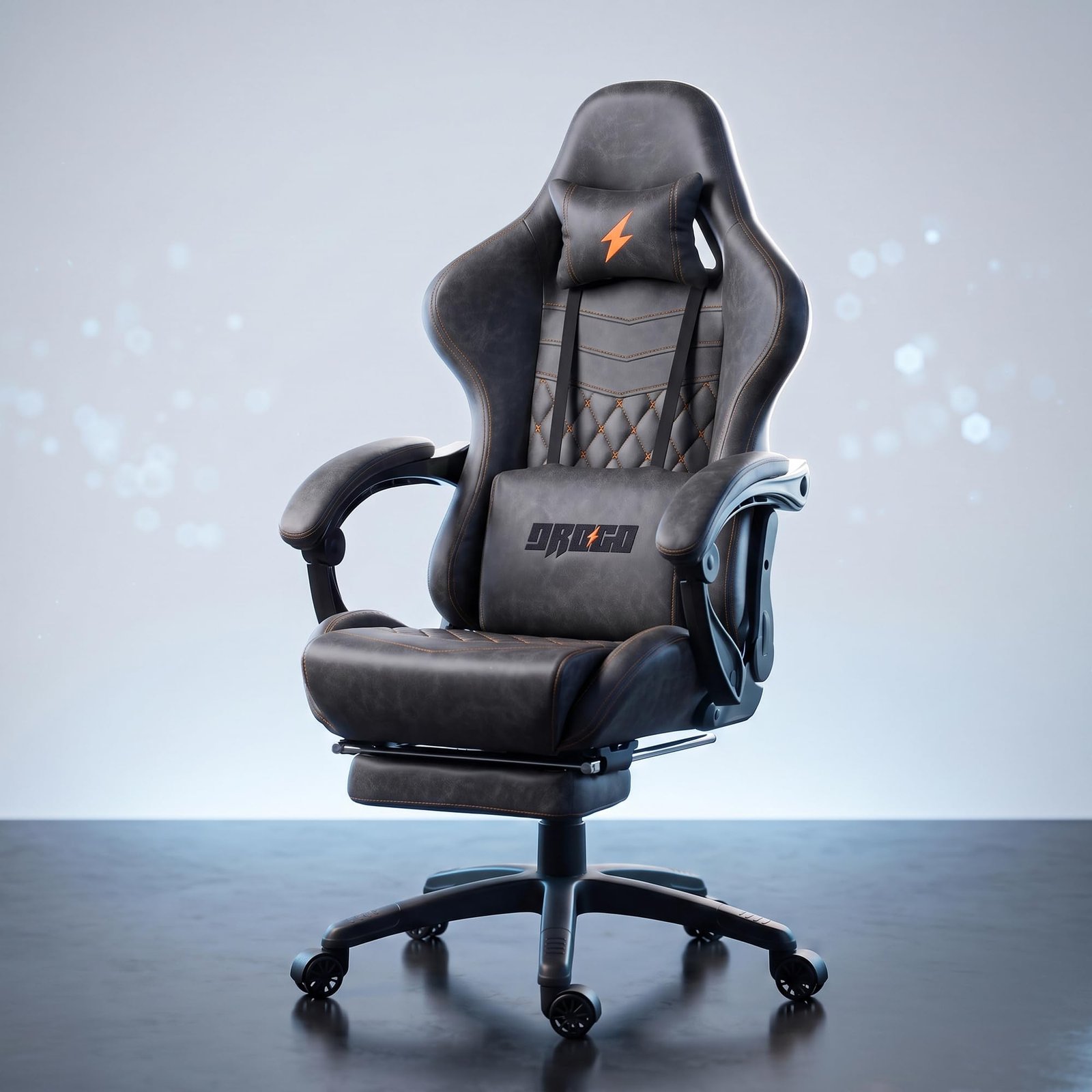 BAYBEE Drogo Multi-Purpose Ergonomic Gaming Chair with 7 Way Adjustable Seat, Head & USB Massager, PU Leather Lumbar Pillow Home & Office Chair with Full Reclining Back Footrest (Emperor Grey)