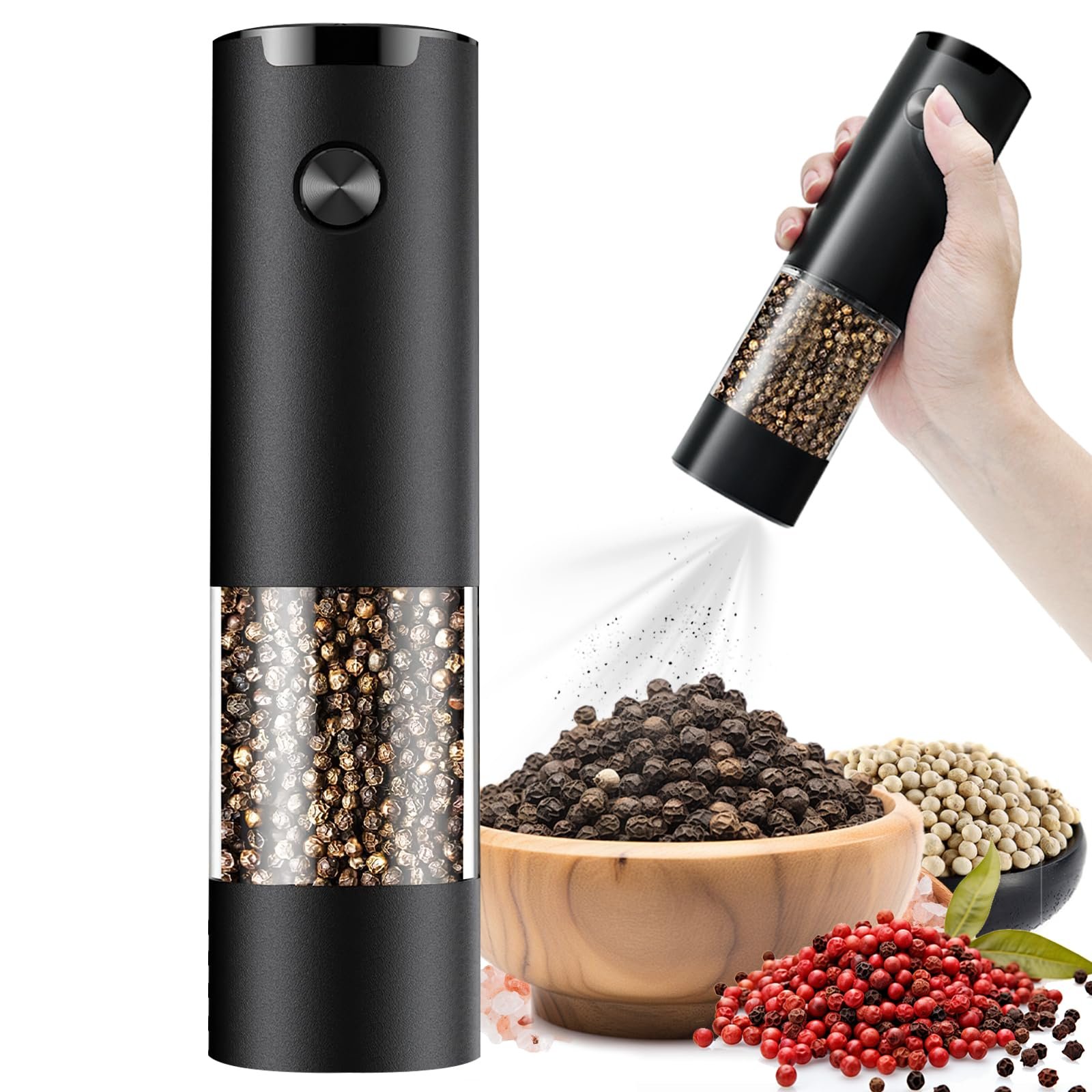 Electric Pepper and Salt Grinder, Adjustable Coarseness Salt & Pepper Mill,With LED Light,Easy to Clean,Battery Powered, One Handed Operation, Kitchen Essential