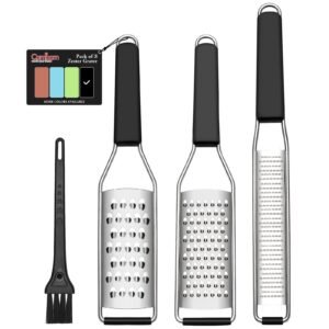 Lemon Zester Cheese Grater Citrus Zester Pack of 3-304 Stainless Steel – A Sharp Tool for Parmesan Cheese, Ginger, Garlic, Nutmeg, Chocolate, Vegetables，Fruits，Dishwasher Safe With Cleaning Brush