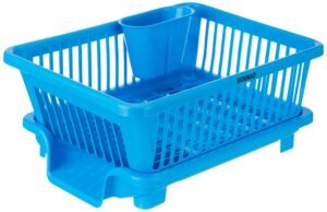 Amazon Brand – Solimo Plastic Dish Drainer with Detachable Cutlery Holder & Drain Tray | for Kitchen Dish Drying | 43.5D x 18.3W x 31.5H Cm | Blue