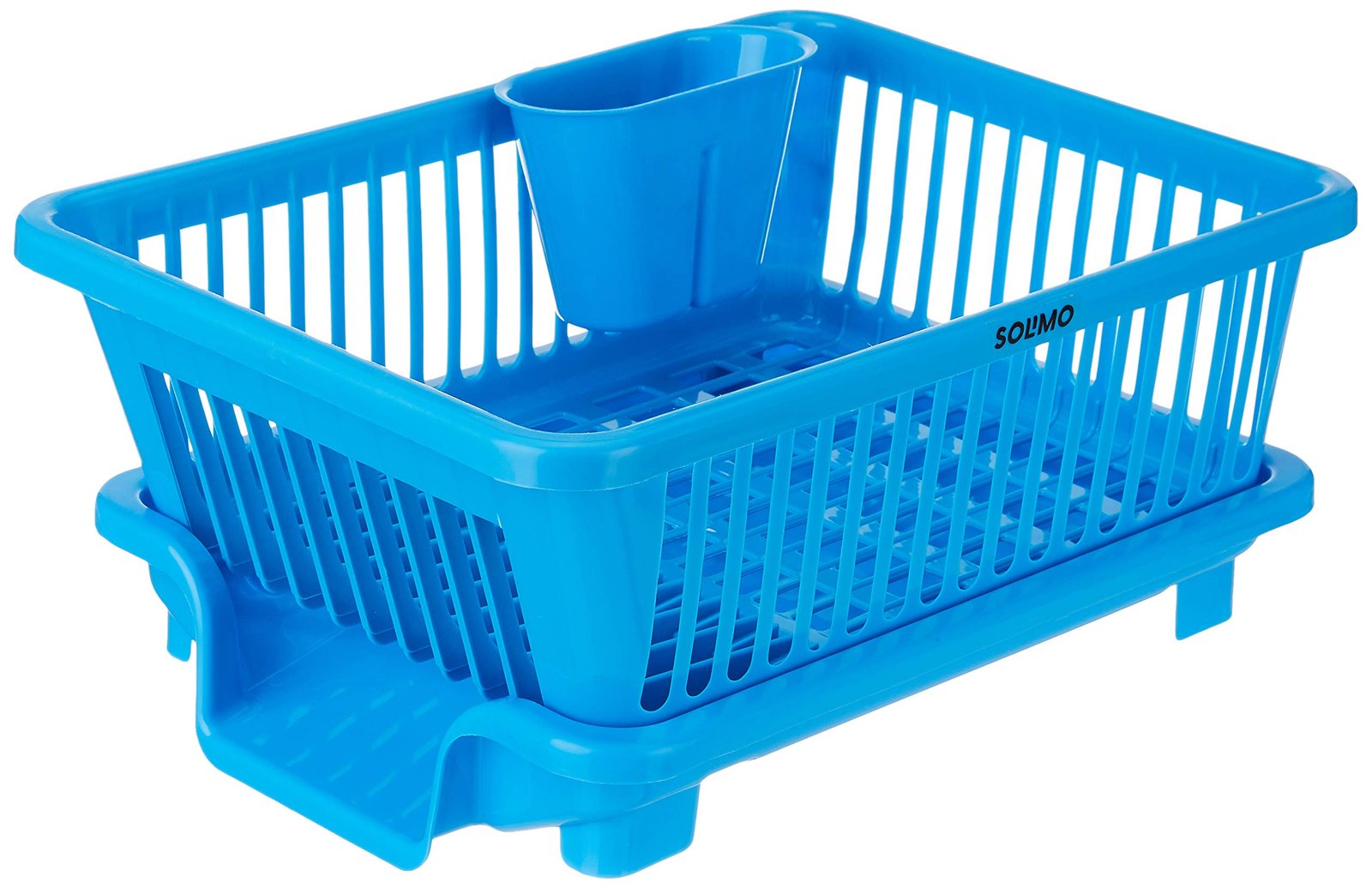 Amazon Brand – Solimo Plastic Dish Drainer with Detachable Cutlery Holder & Drain Tray | for Kitchen Dish Drying | 43.5D x 18.3W x 31.5H Cm | Blue