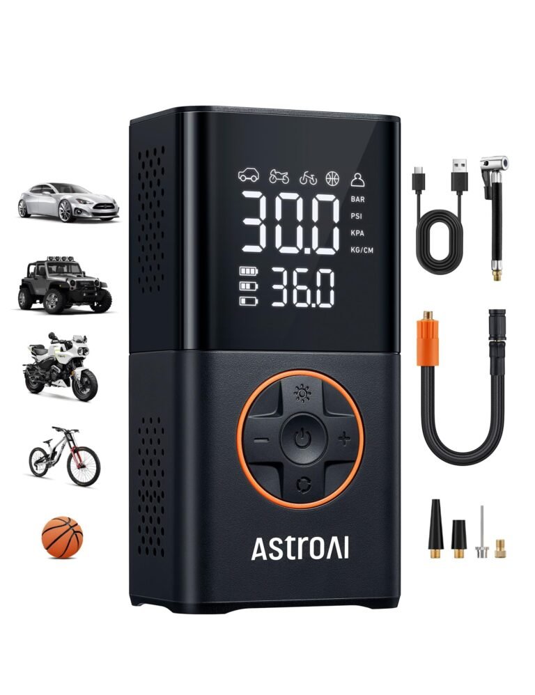 AstroAI Wireless Electric Air Pump, Portable Battery Bicycle Pump with All Valves, LED Light, Rechargeable Tyre Pump for Bicycle, E-Bike, Car, Motorcycle, Balls, Black