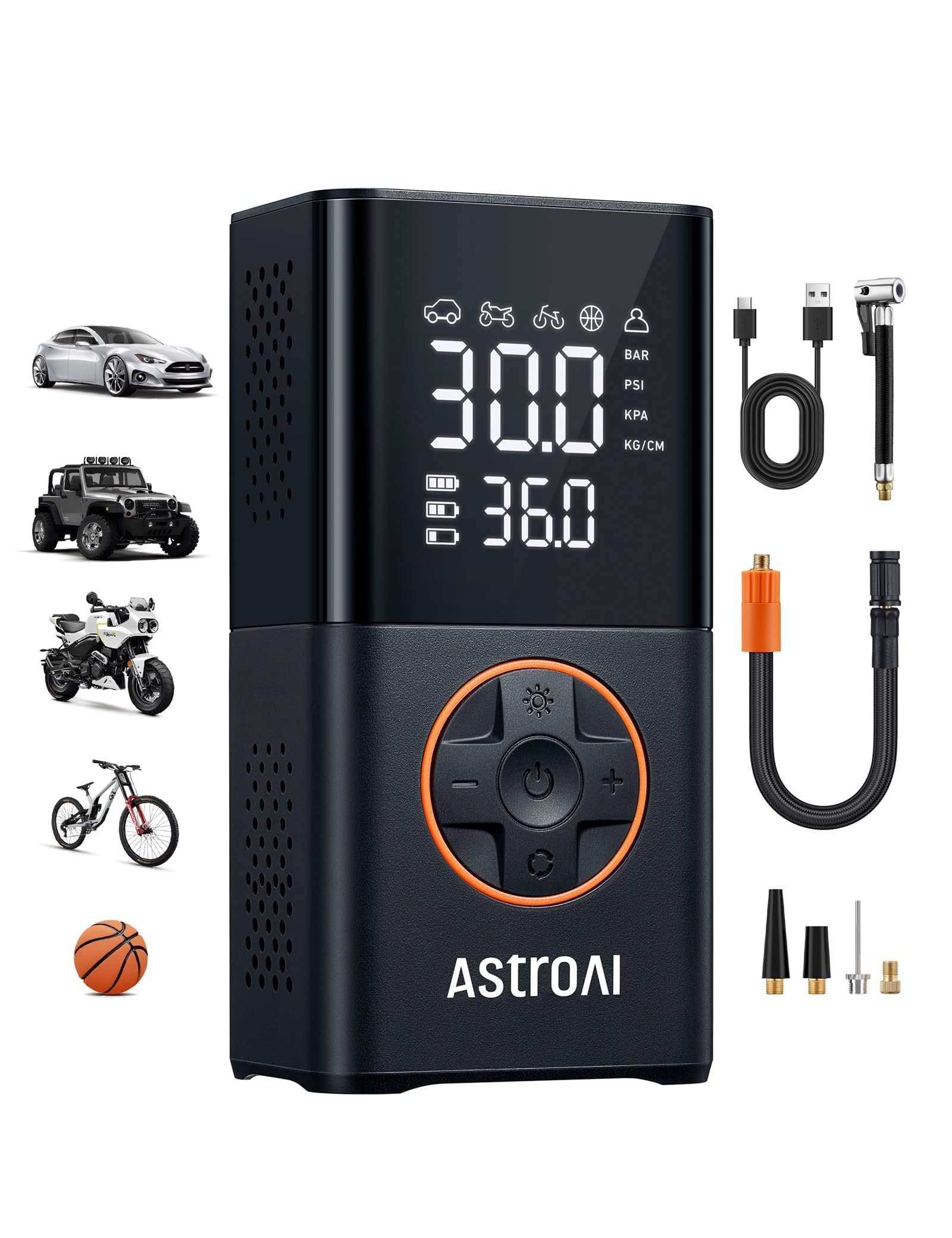 AstroAI Wireless Electric Air Pump, Portable Battery Bicycle Pump with All Valves, LED Light, Rechargeable Tyre Pump for Bicycle, E-Bike, Car, Motorcycle, Balls, Black