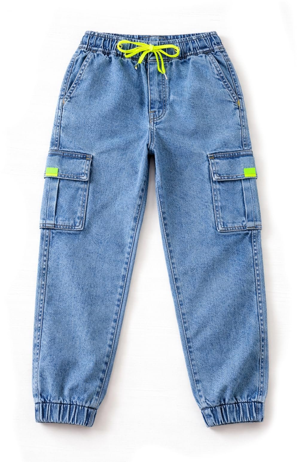 Bold N Elegant Kids Cargo Denim 6 Pocket Joggers for Boys & Girls | Elastic Waist Drawstring Jeans | Multi Pocket Casual Pants | Stretch Denim Jogger for Kids
