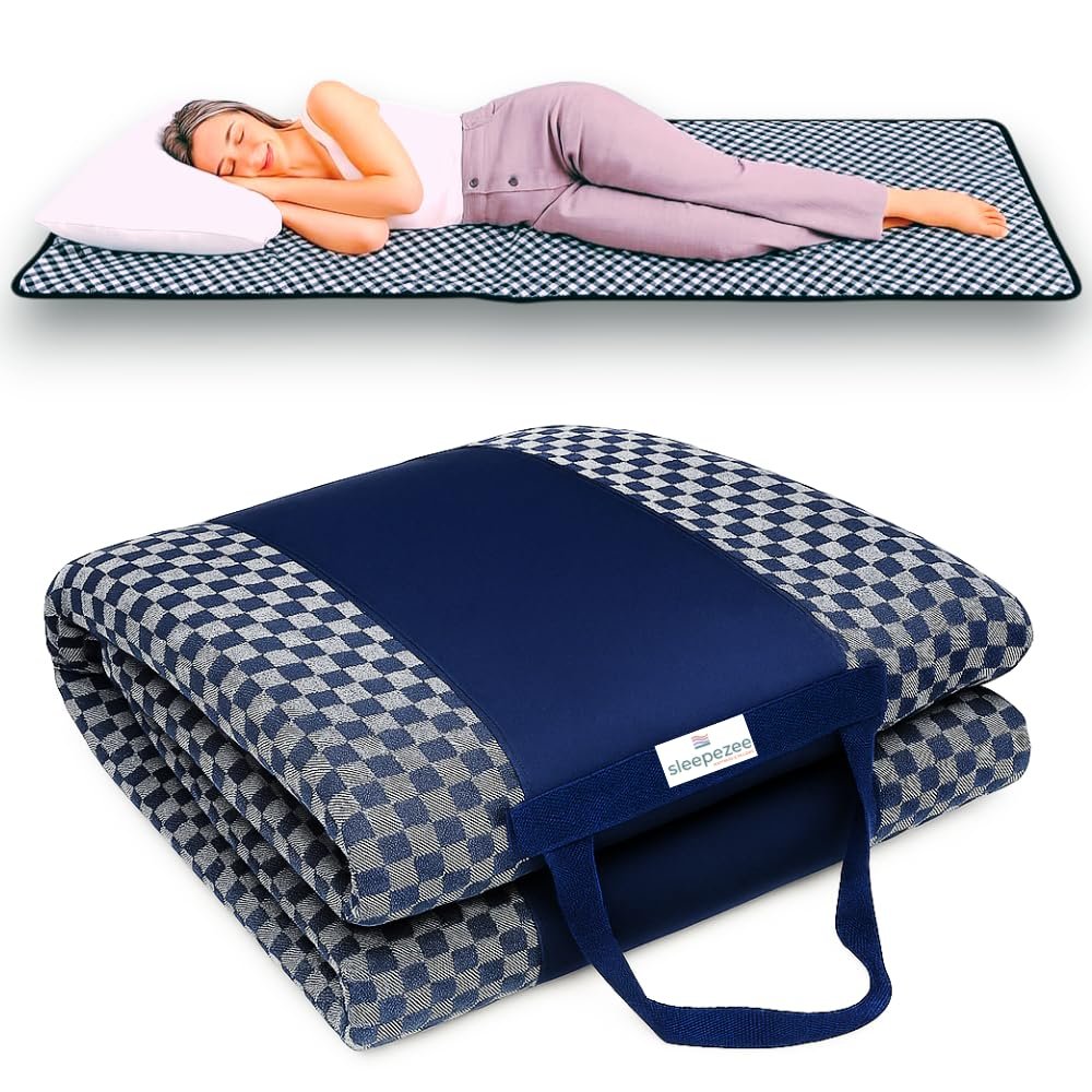 Sleepezee Premium Foldable Mattress for Floor – Lightweight Portable Travel Mattress for Guest Bed, Camping & Floor Sleeping – Cotton Fabric and Soft Foam, Portable & Washable (72″ x 48″ Blue)