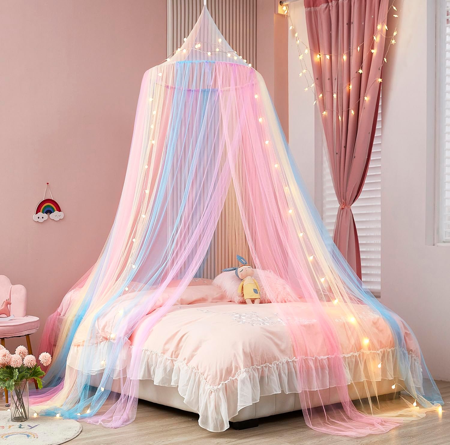 Rainbow Bed Canopy with Lights – Mosquito Netting for Twin, Single, Full, Queen & King Size Beds – Decor for Girls’ Rooms