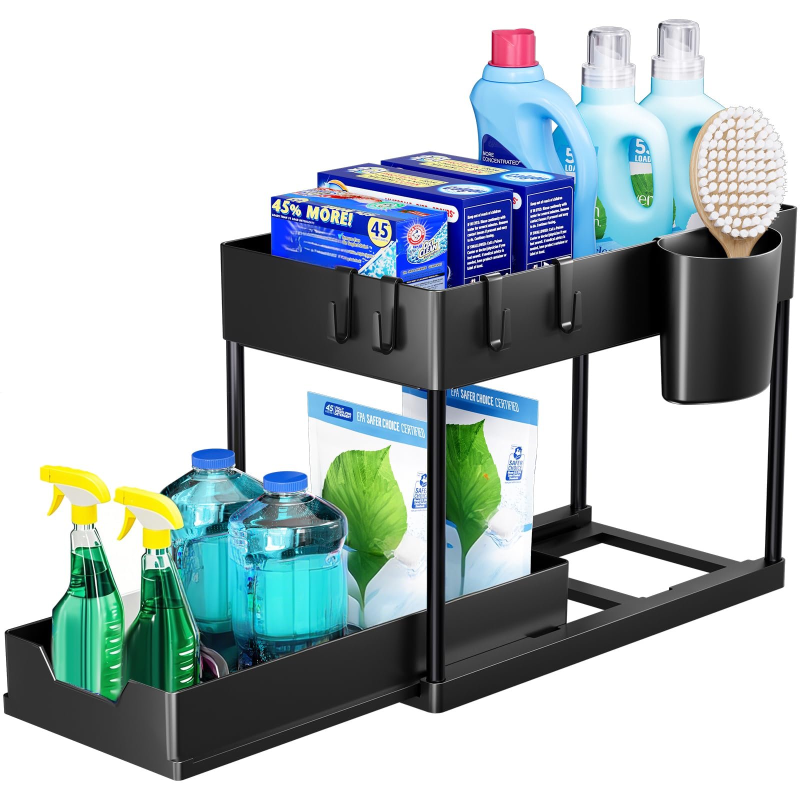 Puricon 1 Pack Under Sink Organizers and Storage Pull Out Sliding Drawer, 2 Tier Multi-purpose Kitchen Under the Sink Organizer Under Bathroom Sink Shelf Storage Rack for Countertop Laundry -Black