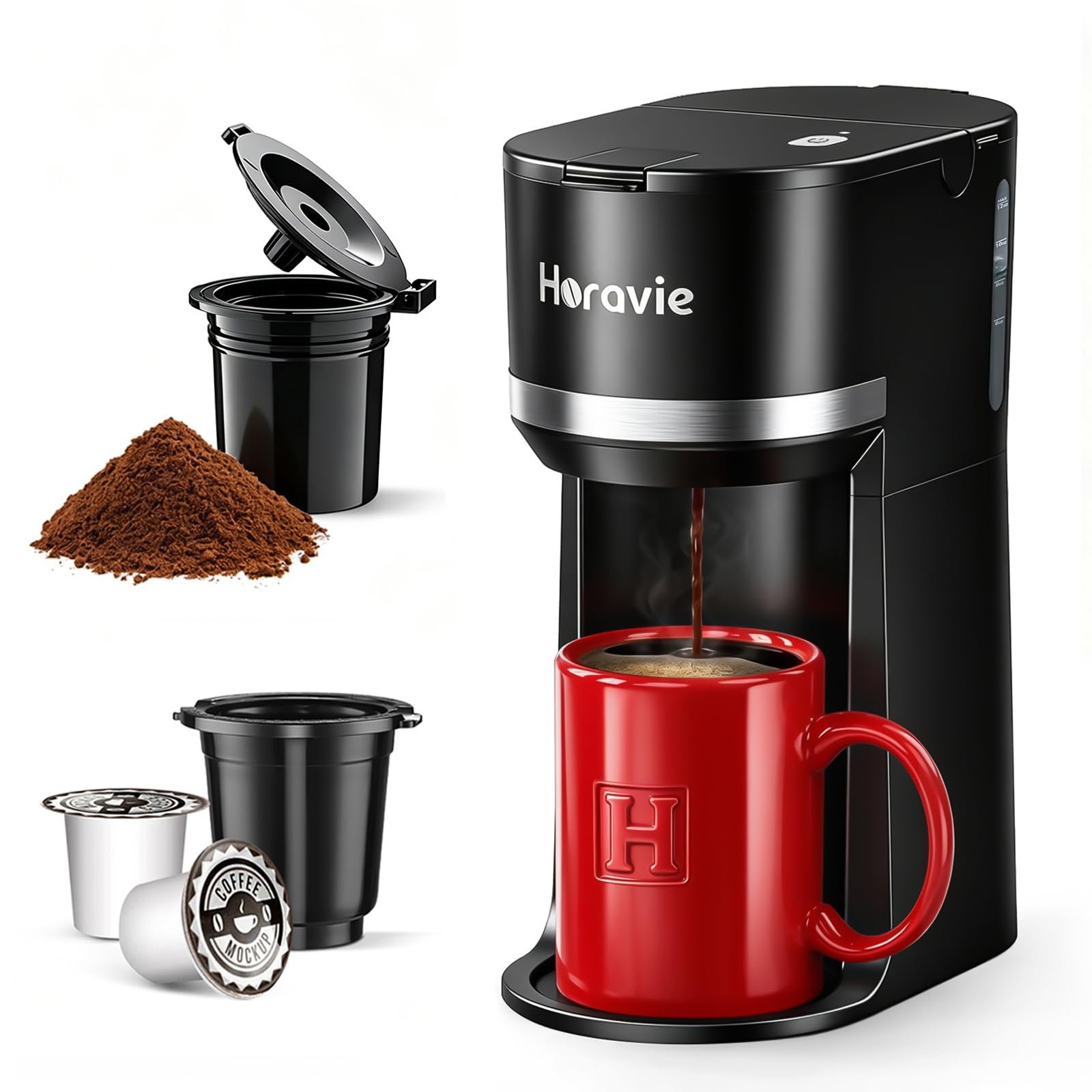 Small single serve coffee maker for K cup and ground with one button