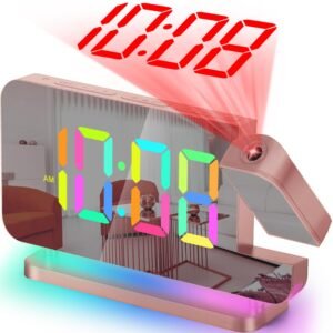 SZELAM – Projection Alarm Clock, 7.4″ LED Mirror, Digital Projection on Ceiling Wall, with RGB Night Light, USB C Charging Port, Auto Dimming, Desk Clock