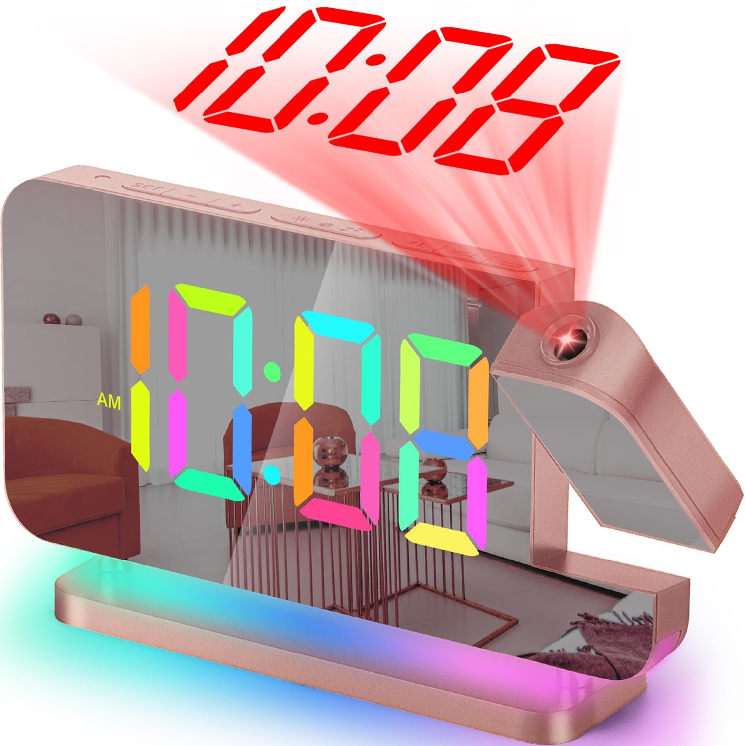SZELAM – Projection Alarm Clock, 7.4″ LED Mirror, Digital Projection on Ceiling Wall, with RGB Night Light, USB C Charging Port, Auto Dimming, Desk Clock