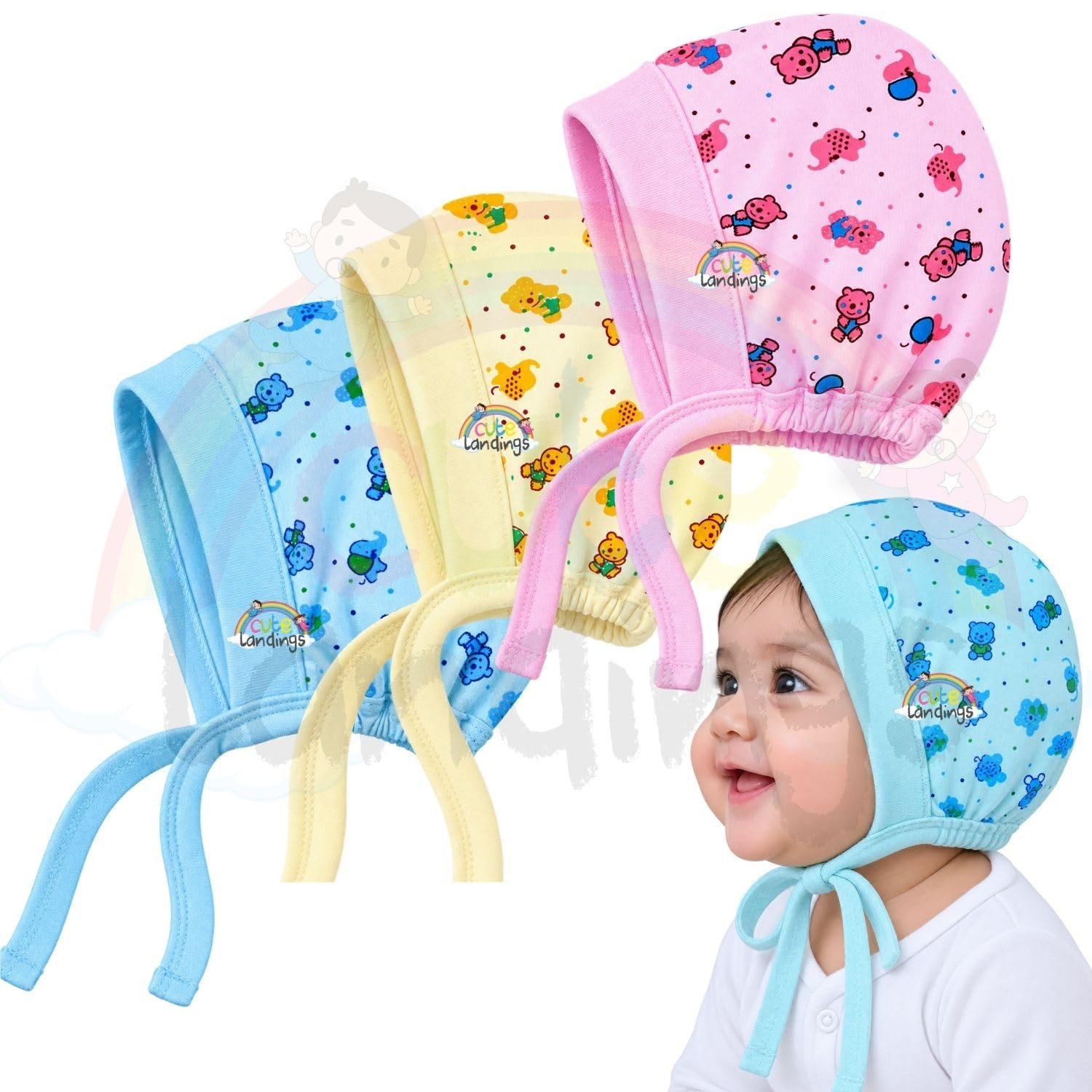 0-3/3-6/6-9/9-12/12-18 & 18-24 Months New Born Baby Girls & Boys Finest Hosiery Cotton Double Layer Knot Caps Set/Infant/Hat/Toppi/Kan Topi/Clothes (Pack of 3)