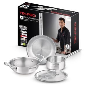 Bergner Tripro Triply Stainless Steel 4 Pc Cookware Set, 24 cm Indian Wok/Kadai with Lid, 22 cm Frypan, 16 cm Tea Pan, Even and Fast Heating, Induction Bottom, Gas Ready, Silver