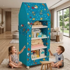 YouCopia Baby Wardrobe Plastic Kids Storage Rack with Fabric Cover & Wheels | 6-Tier Plastic Shelves Organizer | Toy, Book & piceLiner Spice Drawer Liner, Kids Room (Firozi)