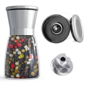 JANBAI Pepper Grinder or Salt Grinder, Best Spice Mill with Ceramic Blades, Adjustable Coarseness, Black Pepper Mill Grinder Shaker Steel Lid (MINI Paper Mill 1)