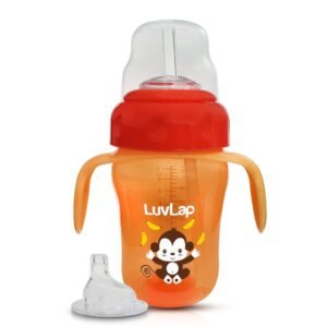 LuvLap Banana Time 210ml Anti Spill, Interchangeable Sipper / Sippy Cup with Soft Silicone Spout and Straw BPA Free for Kids 1 year+ (Orange)