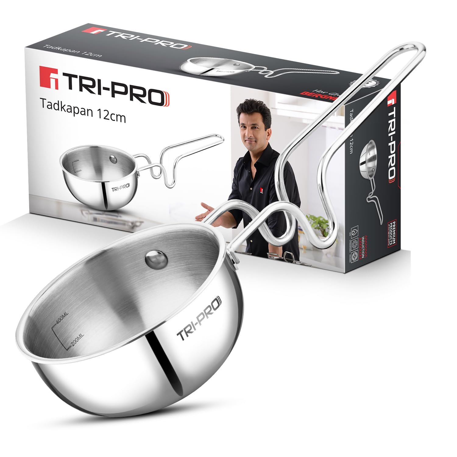 Bergner TriPro TriPly Stainless Steel 12cm Tadka Pan, 500ml Capacity, For Spice Tempering/Seasoning, Long Wire Handle, Laser-Etched Scale, Smooth Finished Surface, Induction Bottom and Gas Stove Ready