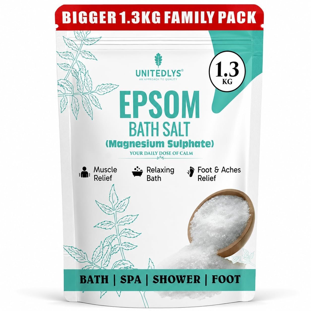 Unitedlys Pure Epsom Salt for Foot Soak, Bath, Beauty & Spa 1.3 KG | Natural Bath Salts | USP Grade Magnesium Sulphate for Pain Relief, Detox & Relaxation | Relieves Muscle Swelling, Stress & Cramps