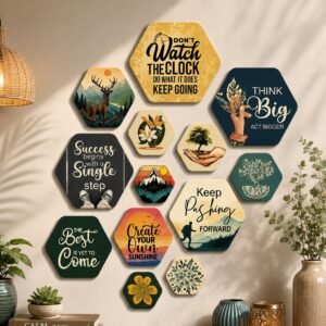 Artvibes Think Big Hexagon Shape MDF Wooden Wall Decor Items | Quotes Decor Item | Motivational Wall Decor | Wall Accent | Graphic Art | Gift Items | Office Wall Decoration Items (WPS_222N), Set of 13