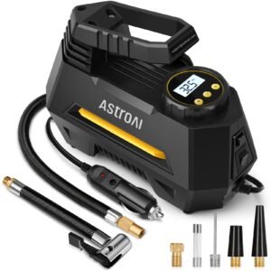 AstroAI Portable Air Compressor Pump, Tire Inflator with Gauge 12V DC Digital Car Air Pump 100PSI with LED Light, Larger Air Flow, Extra Nozzle Adaptors for Car, Bicycle, Motorcycle Ball Air Mattress