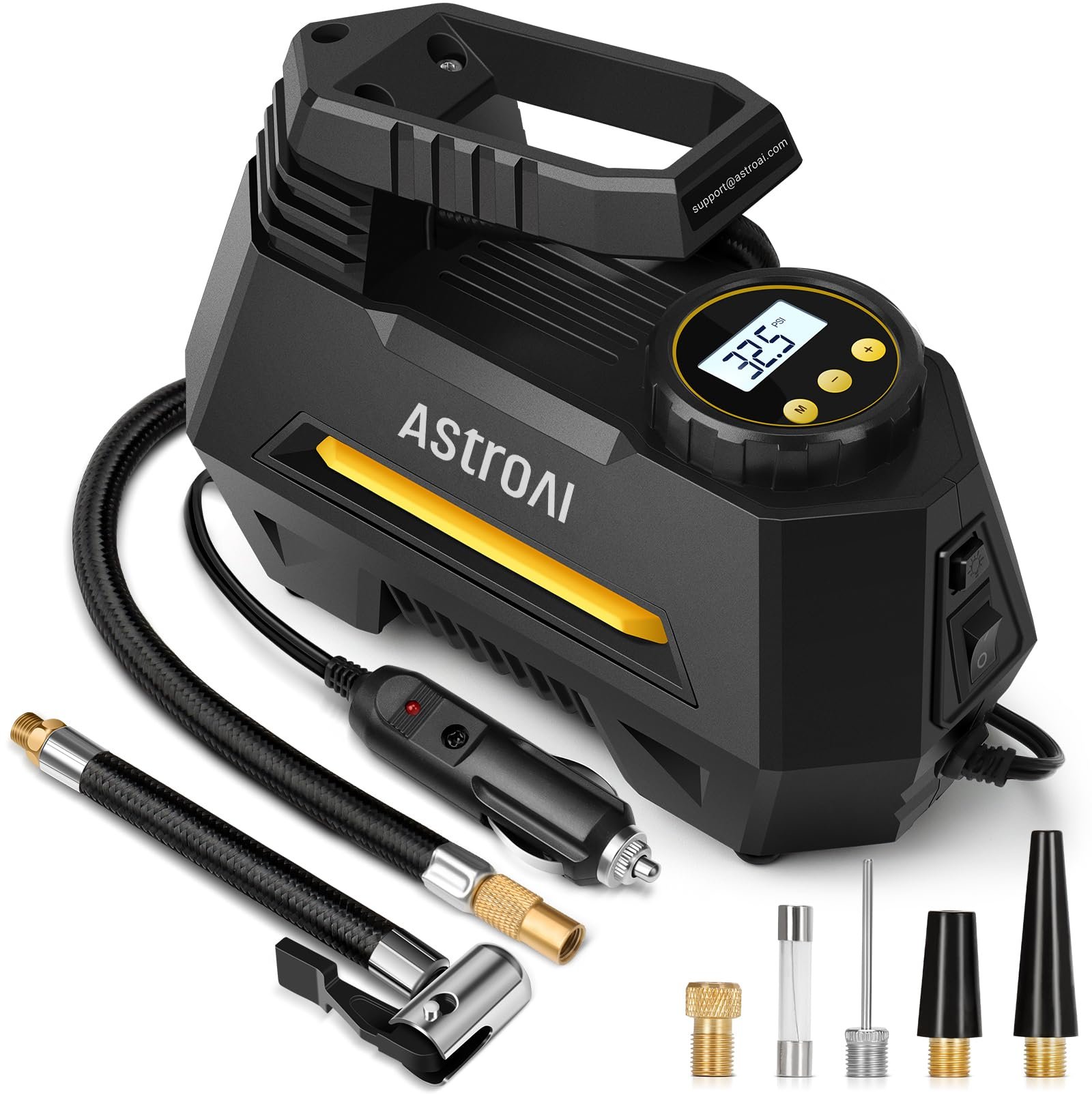 AstroAI Portable Air Compressor Pump, Tire Inflator with Gauge 12V DC Digital Car Air Pump 100PSI with LED Light, Larger Air Flow, Extra Nozzle Adaptors for Car, Bicycle, Motorcycle Ball Air Mattress