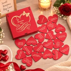eCraftIndia Red Wooden 20 Reasons Why I Love You Printed on Little Hearts Gift Box Valentine Gift for Girlfriend Boyfriend Husband Wife Her Him | Valentines Day Gift | Valentine Day Decoration Items