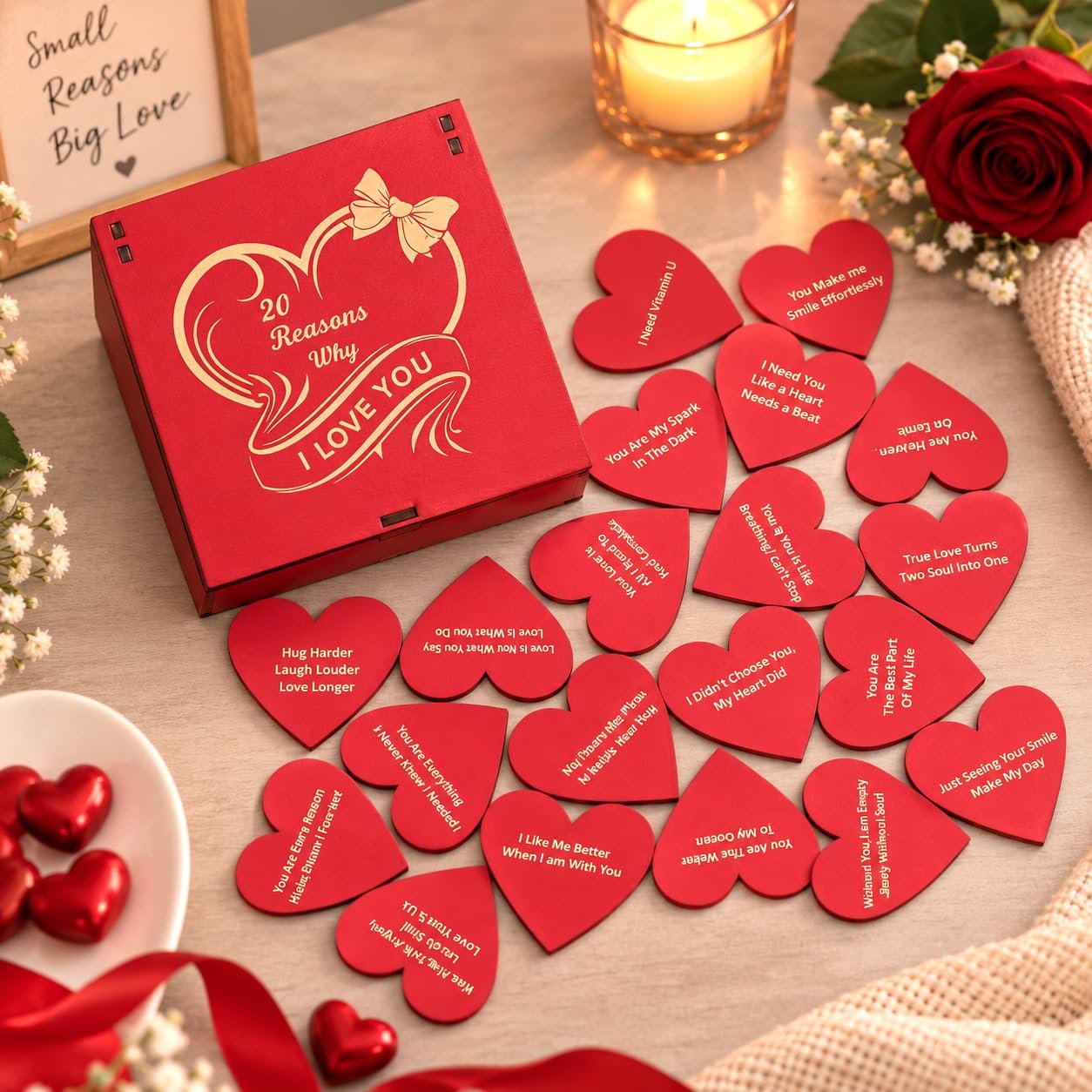 eCraftIndia Red Wooden 20 Reasons Why I Love You Printed on Little Hearts Gift Box Valentine Gift for Girlfriend Boyfriend Husband Wife Her Him | Valentines Day Gift | Valentine Day Decoration Items