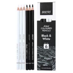BRUSTRO Artists Coloured Pencils | Black & White | Set of 6 (3 Whites and 3 Blacks) | Ideal for Students and Adults, Color, Sketching, Shading, Drawing, Blending, Mandala Art, School, Office Use
