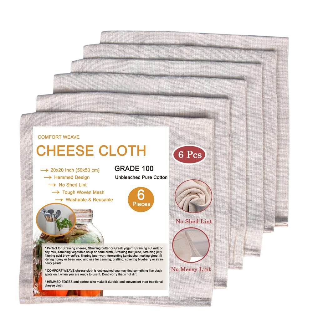 COMFORT WEAVE Cheese Cloths, Grade 100, 20X20 Inch Hemmed Cheesecloth, 100% Unbleached Muslin Cloth – 6 PCS