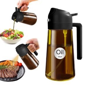 YARRAMATE Borosilicate Glass 16oz/470ml 2 in 1 Oil Sprayer for Cooking with Stickers, Dark Amber Food-Grade Olive Oil Dispenser Bottle for Kitchen, Air Fryer, Grill – Light Blockage (Black)