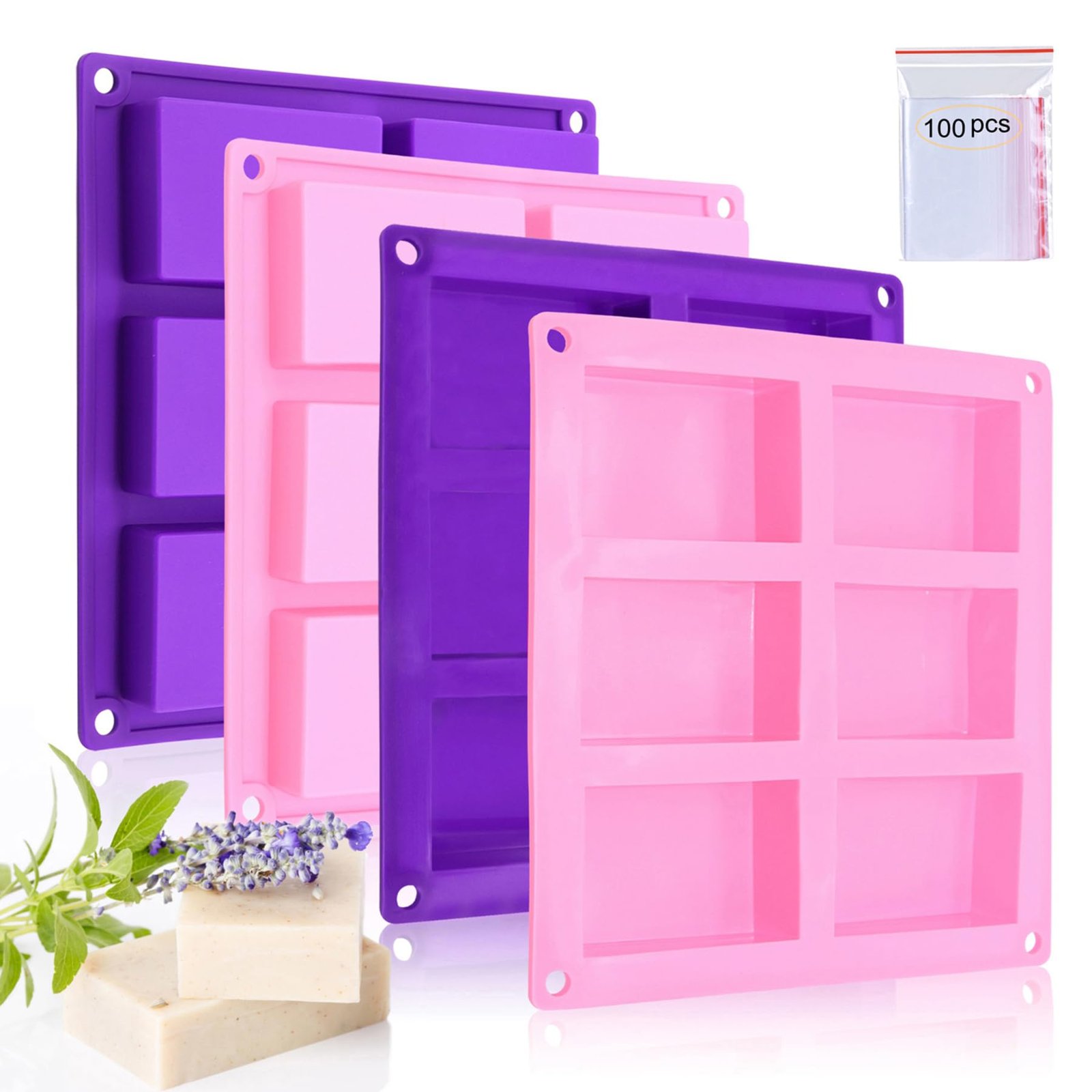 Bangp 4 Pack Silicone Soap Molds,Rectangle Soap Mold,6 Cavities Silicone Molds for Craft Soap Making,Cake Chocolate Mold,with 100pcs 3.5×5 inches Bags