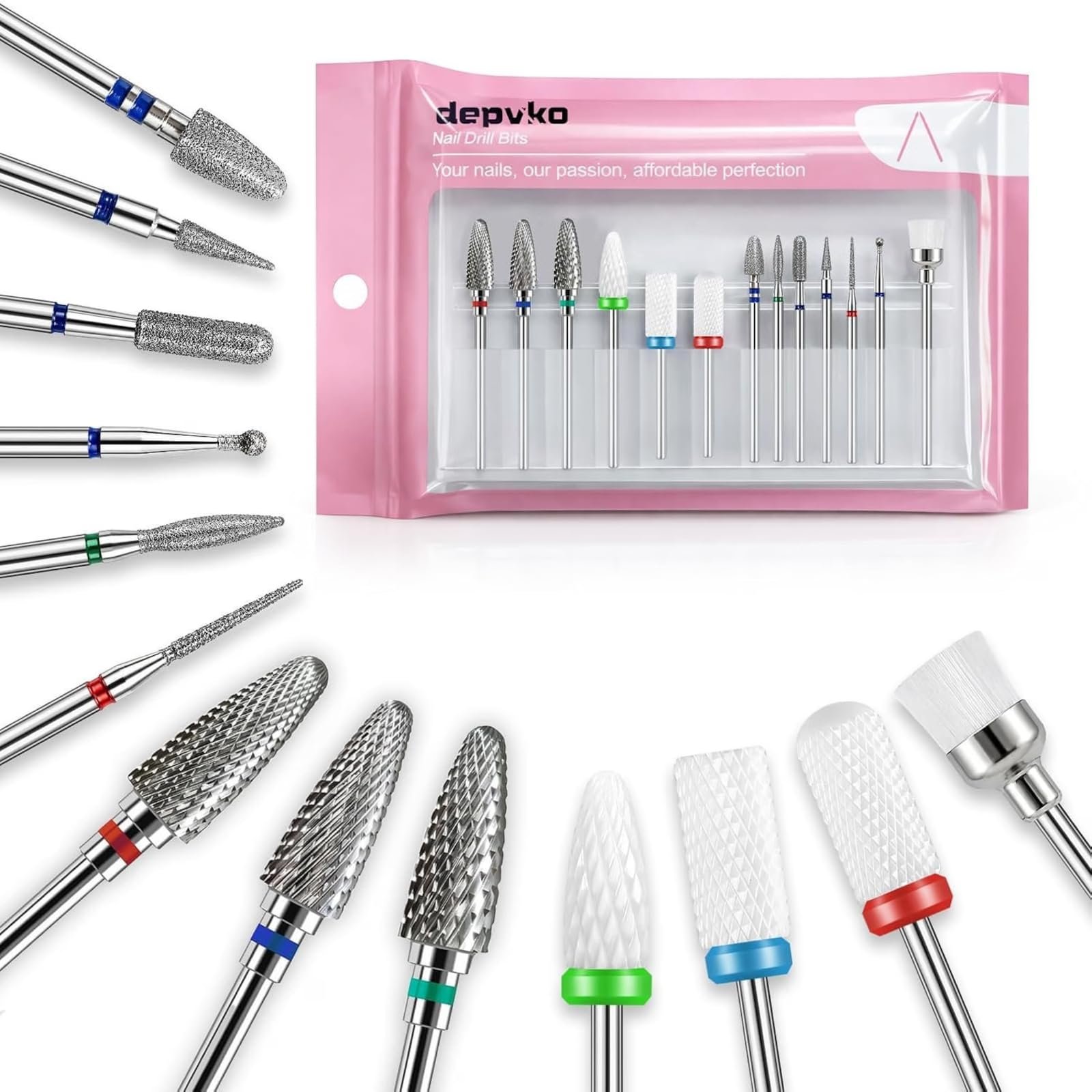 13PC Nail Drill Bits Set, Drill Bits for Nails, 3pcs Tungsten Carbide Drill Bits+ 3pcs Ceramic Efile Nail Drill Bits+ 6pcs Diamond Drill Bits+ 1pcs Brush, 3/32 inch Nail Bits for Nail Drill