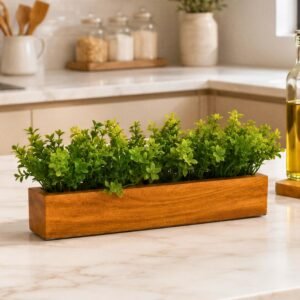 fancymart Artificial Gardenia Leaves Wooden Planter Realistic Faux Greenery Indoor Decoration Living Room Office Desk Table Shelf Decorative Arrangement
