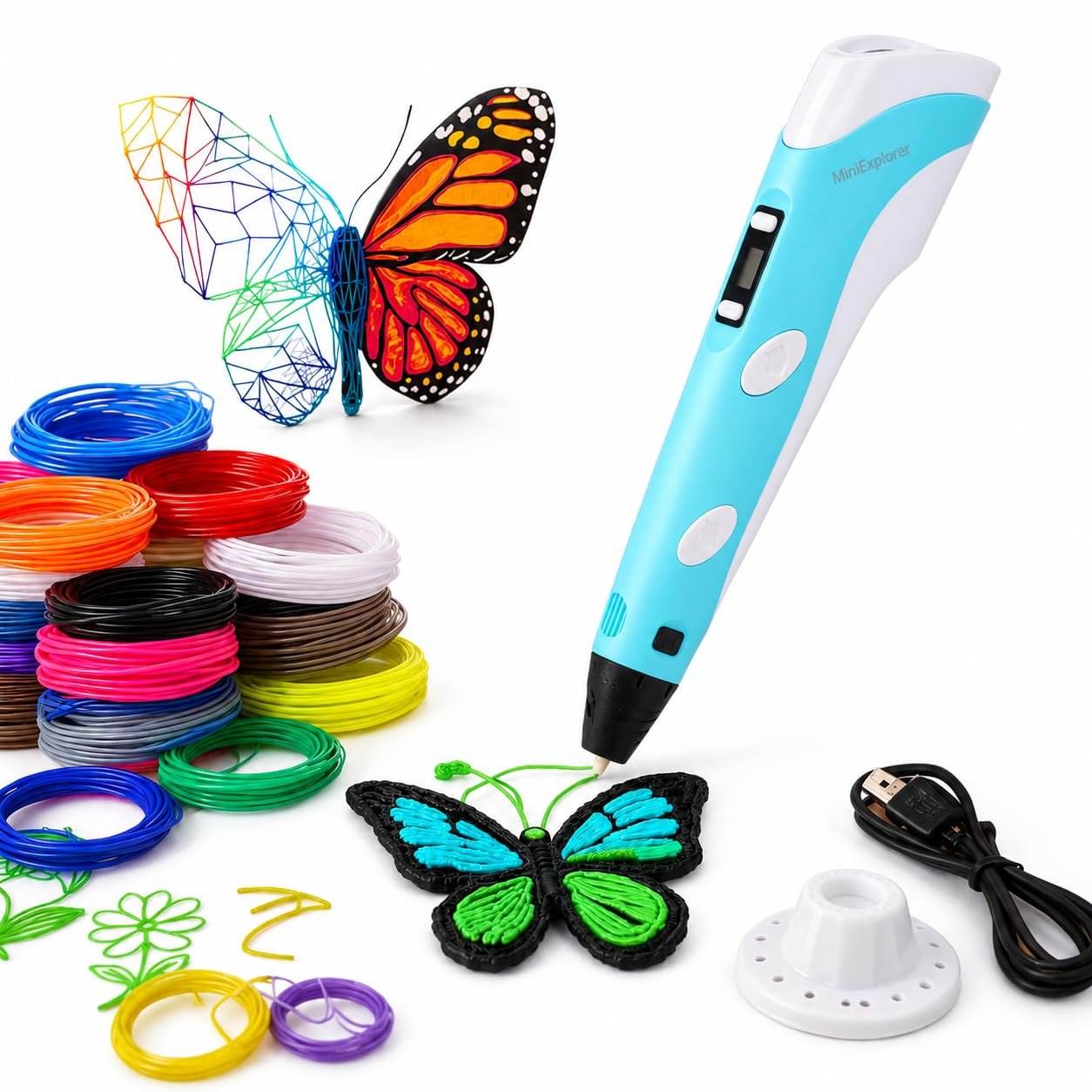 MiniExplorer 3D Pen with Adapter| 3D Pen for Kids| 3D Pen with 3 * 1.75MM PLA Filaments 10m Each| 3D Printing Pen | 3D Pen Set with PLA Filament Included – Ready to Create