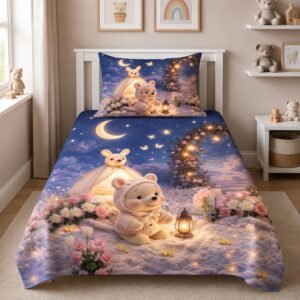 BSB HOME 7D Digital Printed Kids Single Flat Bedsheet, Cloud Cotton Soft Breathable Stretchable Mattress Sheet for Kids Room,Cute Teddy Bear Moonlight Theme,Gift Packaging, Dusk Lavender,60x90Inches