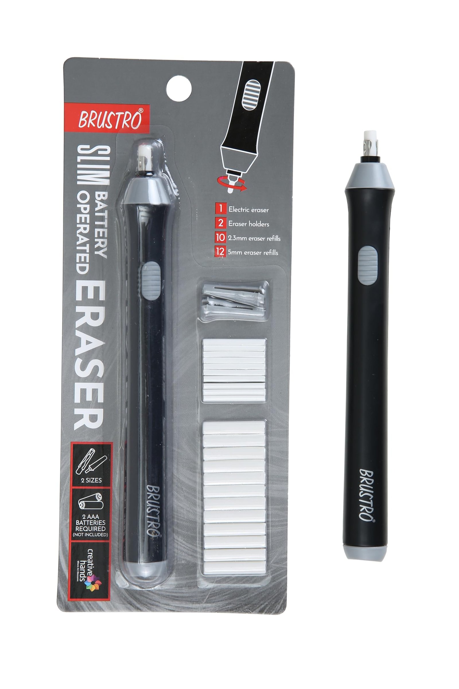 BRUSTRO Electric Automatic Eraser | Ideal for Kids and Adults, Drawing, Sketching, Mandala, Portrait | Slim Battery Operated | 2.3mm, 5mm| 22 Refills, 2 Eraser Holders | (Batteries not Included)