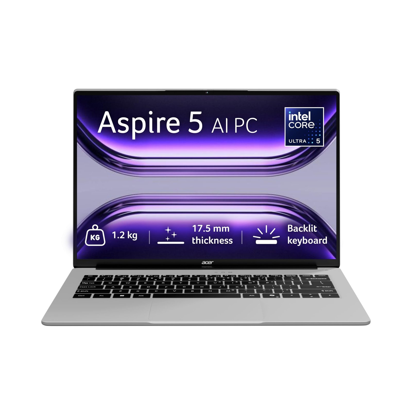 Acer Aspire 5 AI PC, Intel Core Ultra 5 125H Processor,Office 2024 + M365 Basic,16 GB RAM, 512 GB SSD, WUXGA IPS, 14.0″/35.56 cm, Win 11 Home,Pure Silver,1.2 kg, A514-54H, Backlit KB, Premium Laptop