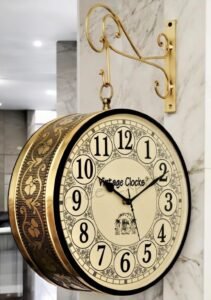 Vintage Clock Metal Handcrafted Brass Finish Double Side Railway Station Analog Clock One Side English Other Side Roman Number (10 Inches Size)