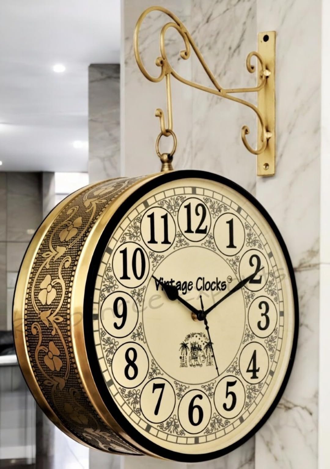 Vintage Clock Metal Handcrafted Brass Finish Double Side Railway Station Analog Clock One Side English Other Side Roman Number (10 Inches Size)