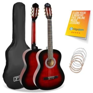 3rd Avenue 3/4 Size Kids Classical Guitar Spanish Nylon String Beginner Pack Bundle – Bag, Strings – Red