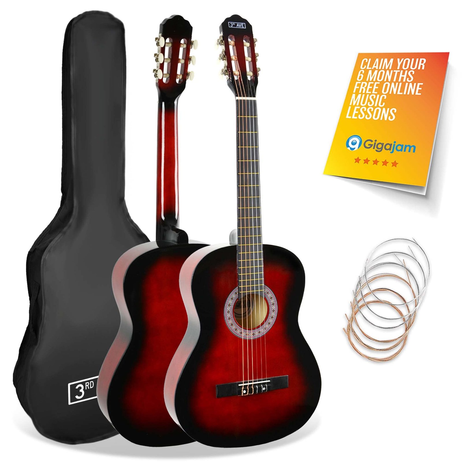 3rd Avenue 3/4 Size Kids Classical Guitar Spanish Nylon String Beginner Pack Bundle – Bag, Strings – Red