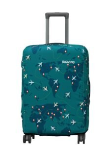 BIGWING Protective Cover in Polyester Fabric with Map Print for | 24′ Inch 65 cm Medium Size | Hard Luggage Trolley Bag Cover (Fits Only On Fiber – Plastic Trolley Bag) Turquoise Color