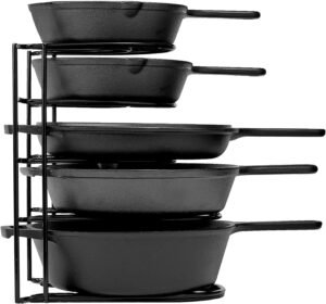 Heavy Duty Pan and Pot Organizer, 5 Tier Rack – Holds Cast Iron Skillets, Griddles and Shallow Pots – Durable Steel Construction – No Assembly Required (5 Tier Rack)