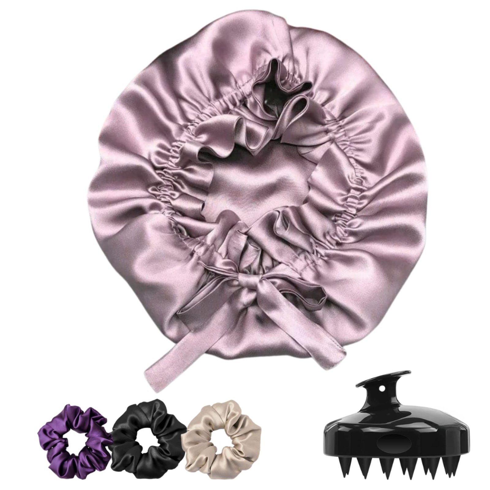 Atrube Silk Satin Hair Bonnet Reversible Adjustable tie Band Reusable showercap Satin bonnet Wrap Silk Bonnet Hair with Hair Scalp Massager Shampoo Brush and scrunchies (Rose Taupe)
