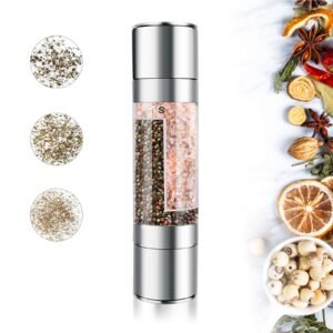 Mixoo Salt and Pepper Grinder – 2 in 1 Manual Stainless Steel Salt Pepper Mill Herb Spice Grinder Shakers Refillable with Adjustable Coarseness Ceramic Rotor and Dual Clear Acrylic Chamber