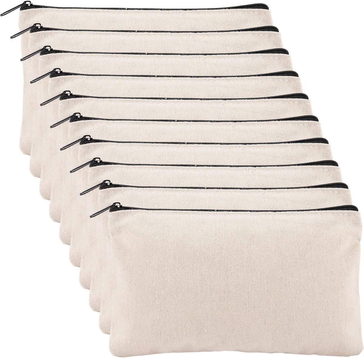 Apipi 10 Pack Blank DIY Craft Bag Canvas Pen Pencil Case- Cotton Canvas Invoice Bill Bag Makeup Bag Cosmetic Bag Multipurpose Travel Toiletry Pouch with Black Zipper 7.5 x 5 inches
